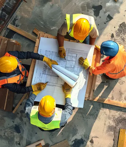 Construction workers with blueprint